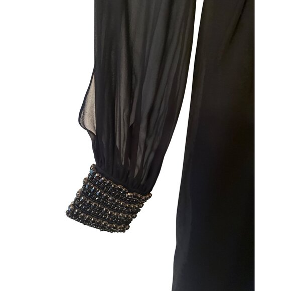 Trina Turk Black Chiffon Dress With Beaded Cuffs & Sheer Sleeves Size 6 - Picture 3 of 7